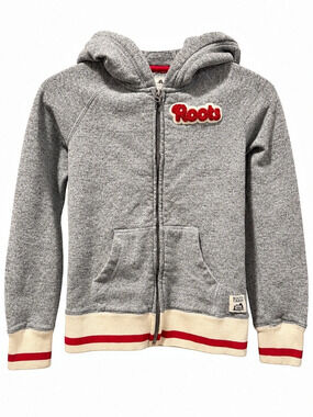 Roots Cabin Kids Grey Full Zip Hoodie Red Logo L 9-10 Excellent Condition